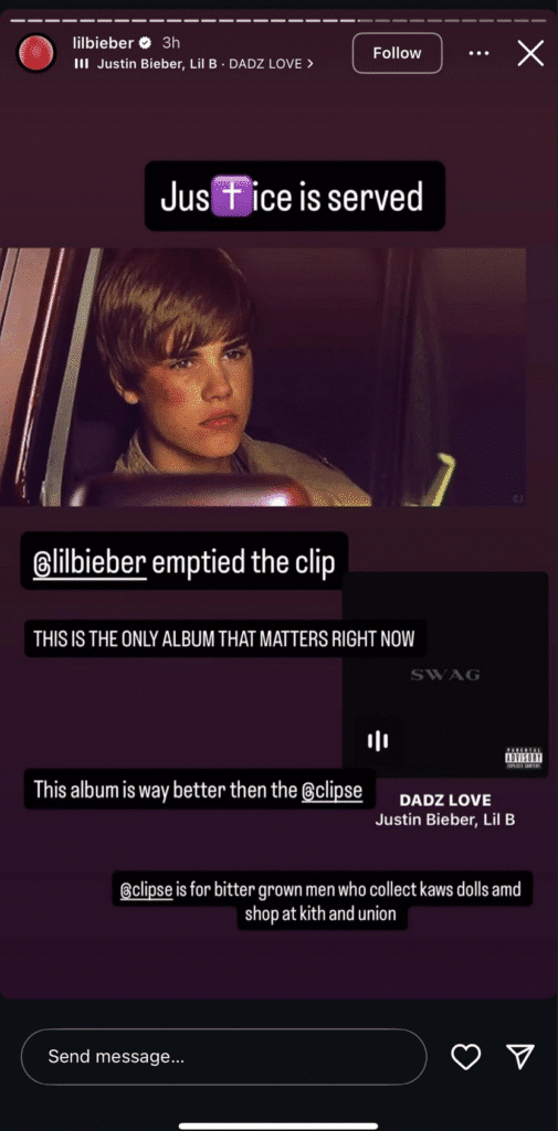 Justin Bieber's now deleted Instagram repost on Clipse